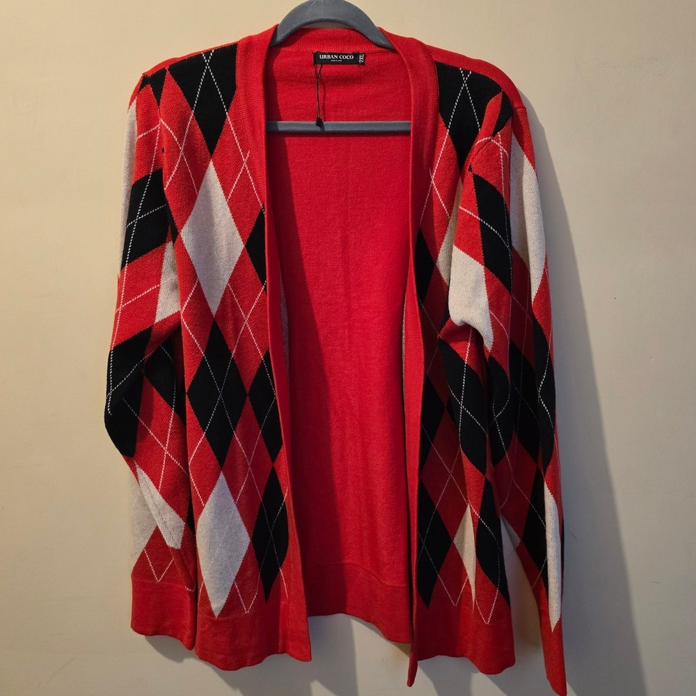 Urban Coco Red Argyle Open Front Cardigan Sweater Womens 2XL Long Sleeve Knit